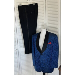1960s Vintage Mens 2 Tone Black Blue Floral Brocade Rat Pack Lounge Suit Coat L